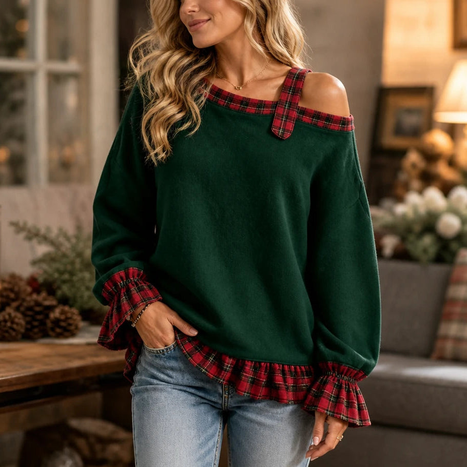 Plaidella – Plaid Ruffle Off-Shoulder Sweatshirt