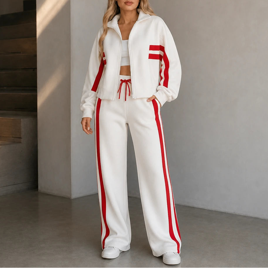 Stride & Set – Cream-Striped Sporty Two-Piece Set
