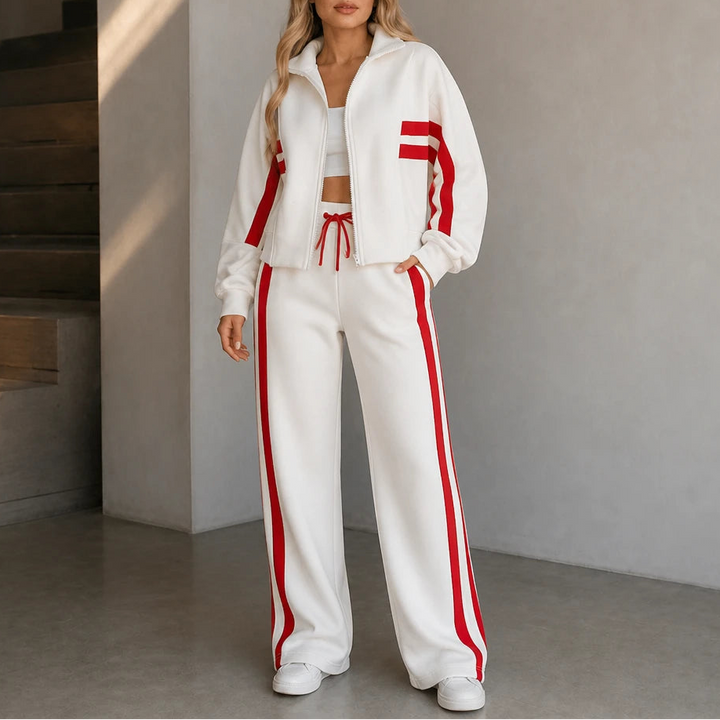 Stride & Set – Cream-Striped Sporty Two-Piece Set