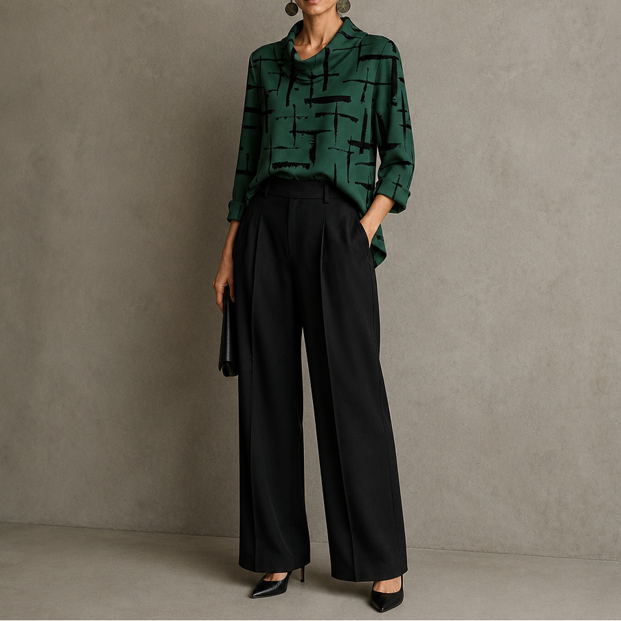 Cowlina – Cross-Print Cowl-Neck 3/4-Sleeve Blouse