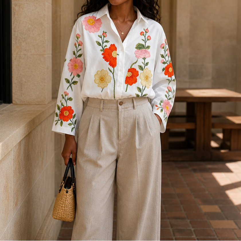 Lunabloom – Floral Embroidered Lapel-Collar Blouse