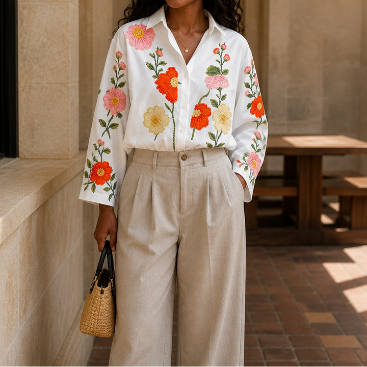 Lunabloom – Floral Embroidered Lapel-Collar Blouse