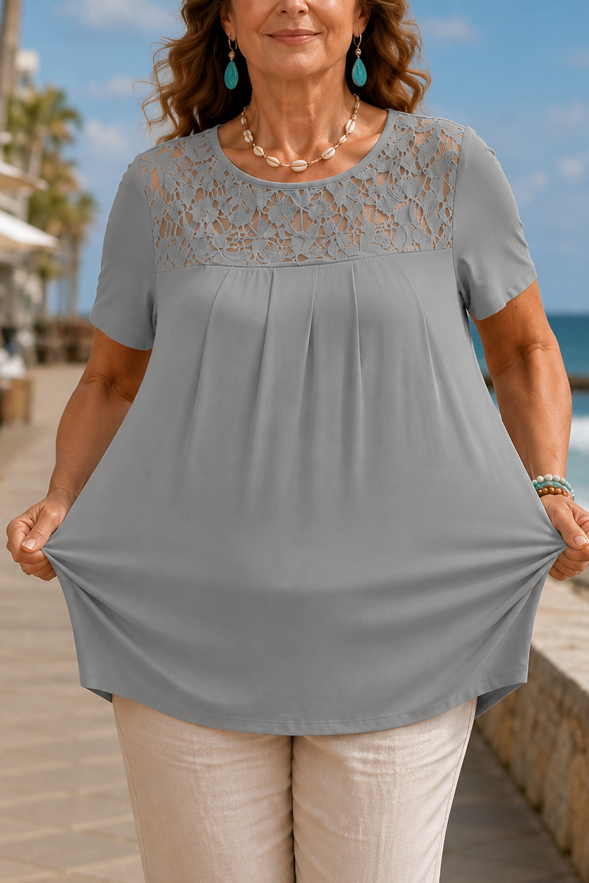 Wearbella – Floral Lace-Look Yoke Pleated Front Tee