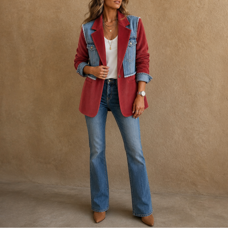 Corvella – Denim-Overlay Corduroy Raw-Hem Blazer