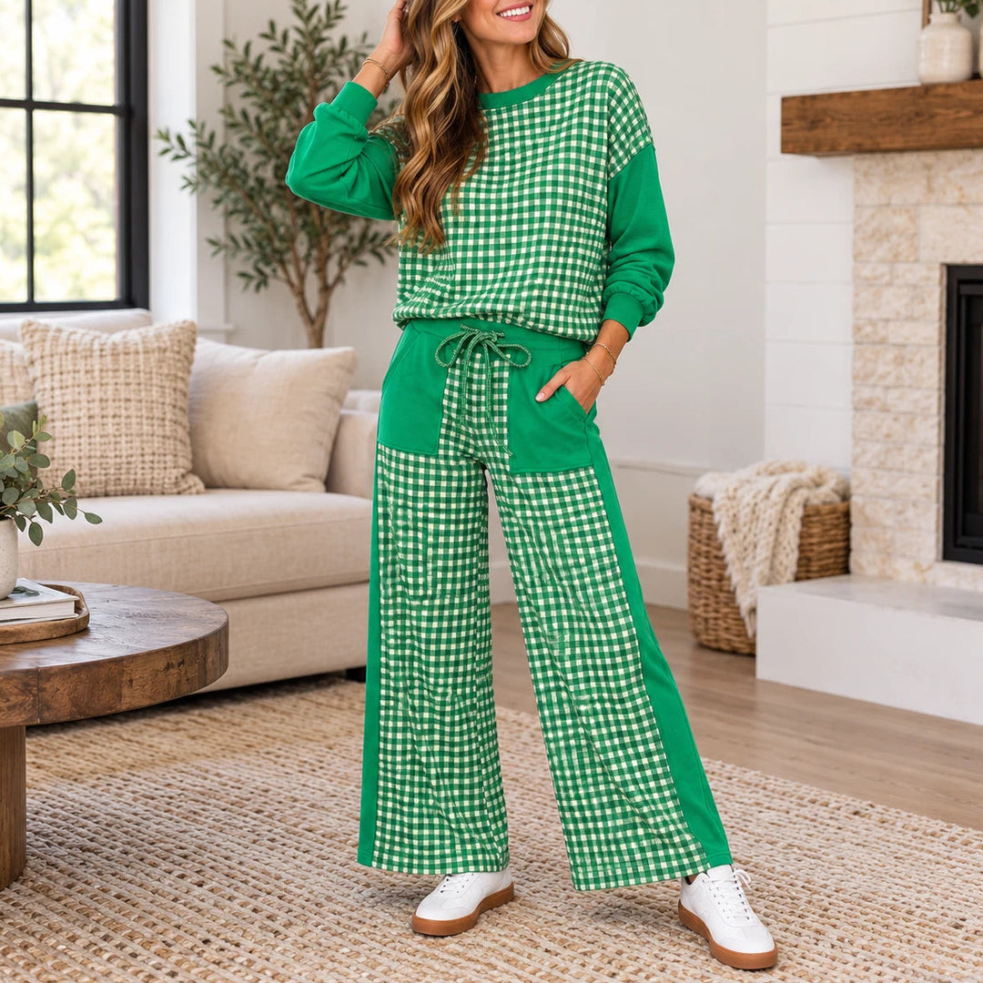 Gingham Ease – Gingham Long-Sleeve Top And Wide-Leg Pants Set