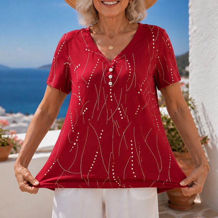 Vivelyn – Dimensional Print V-Neck Blouse