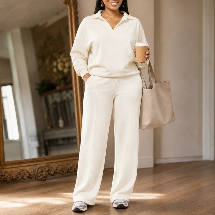 Velaire – Collared V-Neck Top And Straight-Leg Pants Set