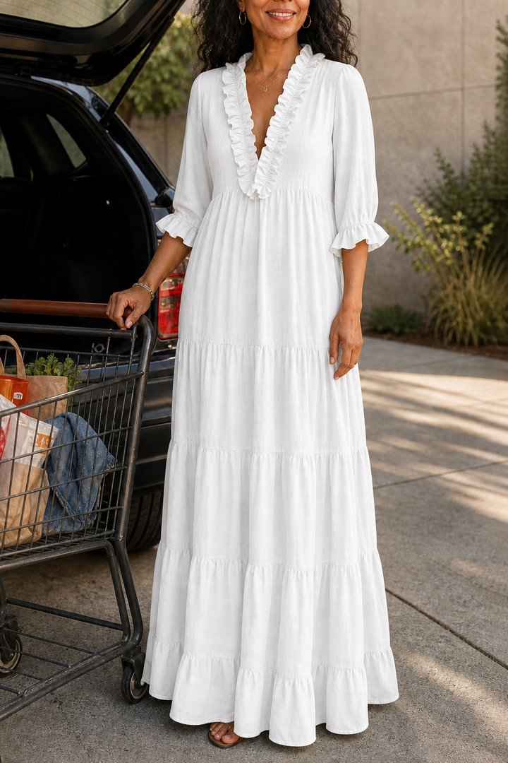Breezalyn – Tiered Ruffle V-Neck Maxi Dress