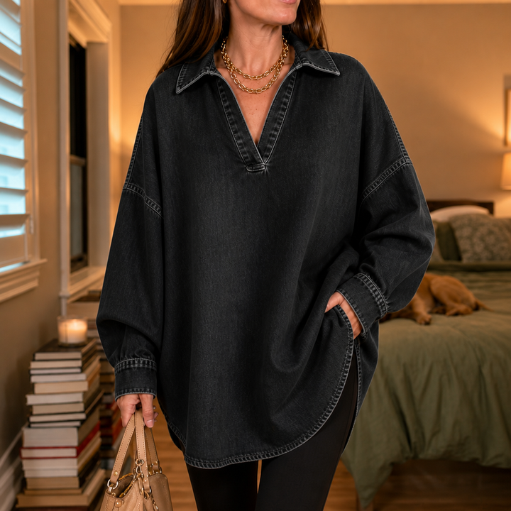 Denimelle – Soft-Washed Batwing Denim Tunic