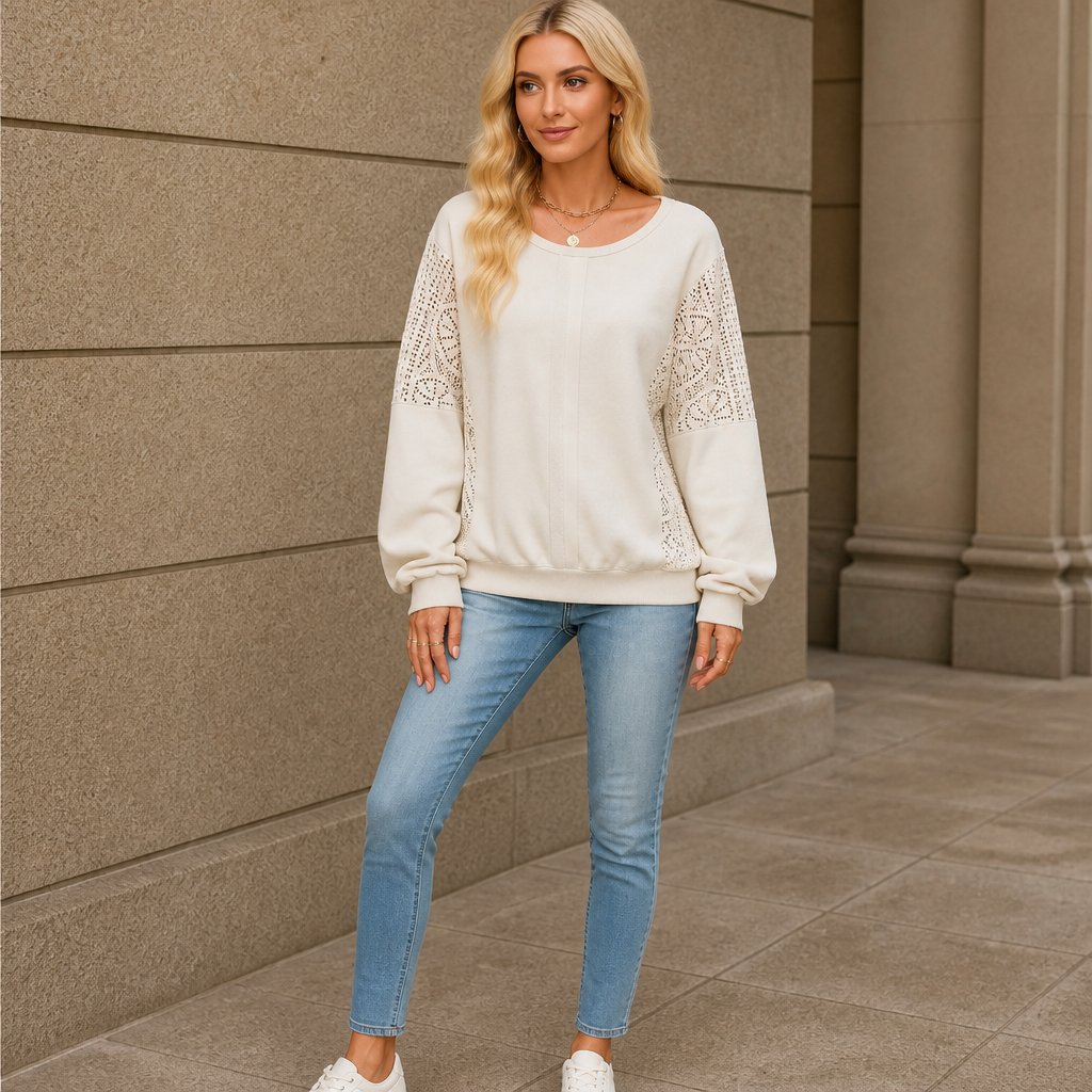 Lacebella – Floral Lace Panel Lantern-Sleeve Sweatshirt