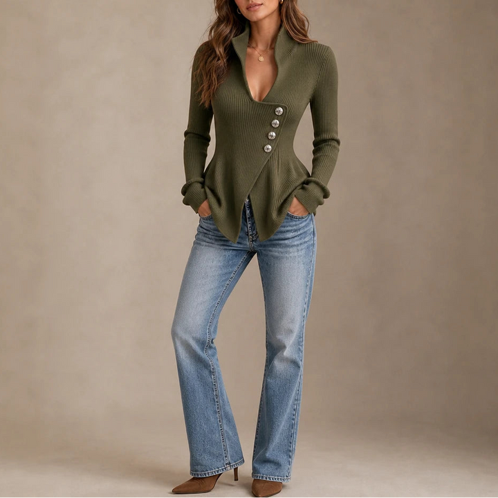 Velora – Asymmetrical Button Ribbed Peplum Top
