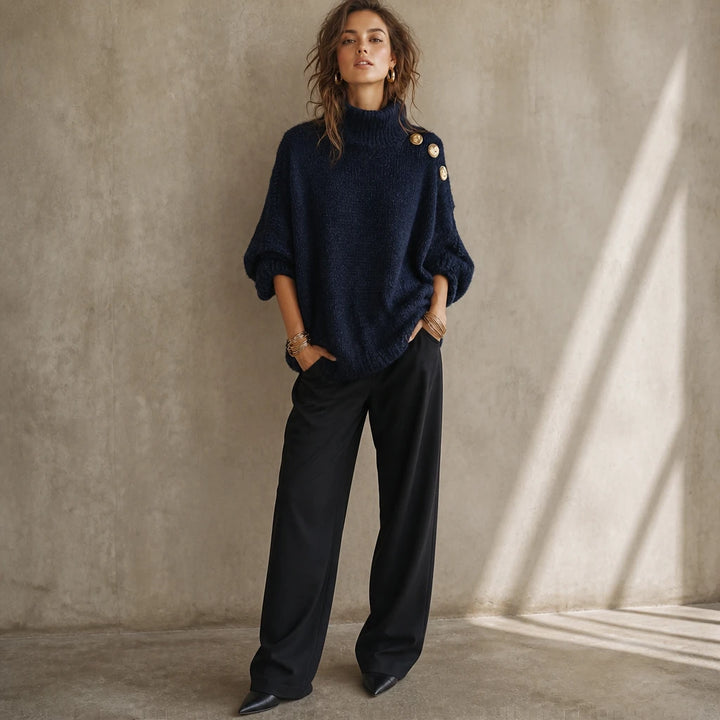Aurelle – Gold Button Shoulder Knit Turtleneck Sweater