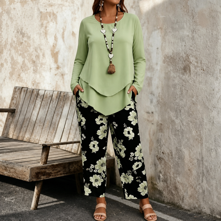 Wearbella – Double-Layer Flowy Top And Floral Wide-Leg Set