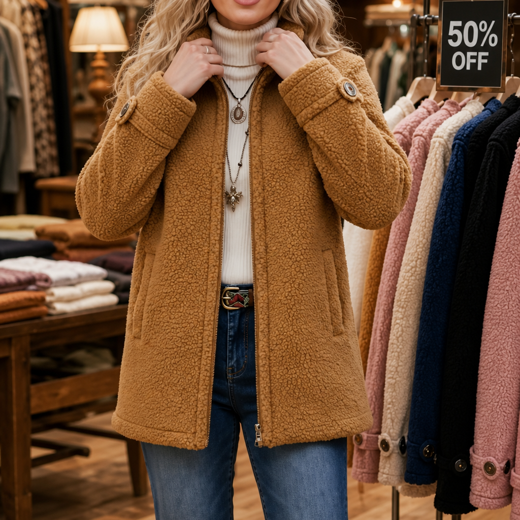 Velmora – Plush Fleece-Look Zip-Up Jacket With Stand Collar