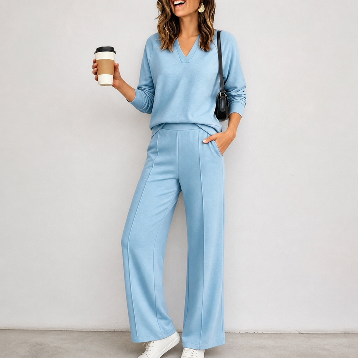 Wearbella – V-Neck Knit Top And Wide-Leg Pants Set