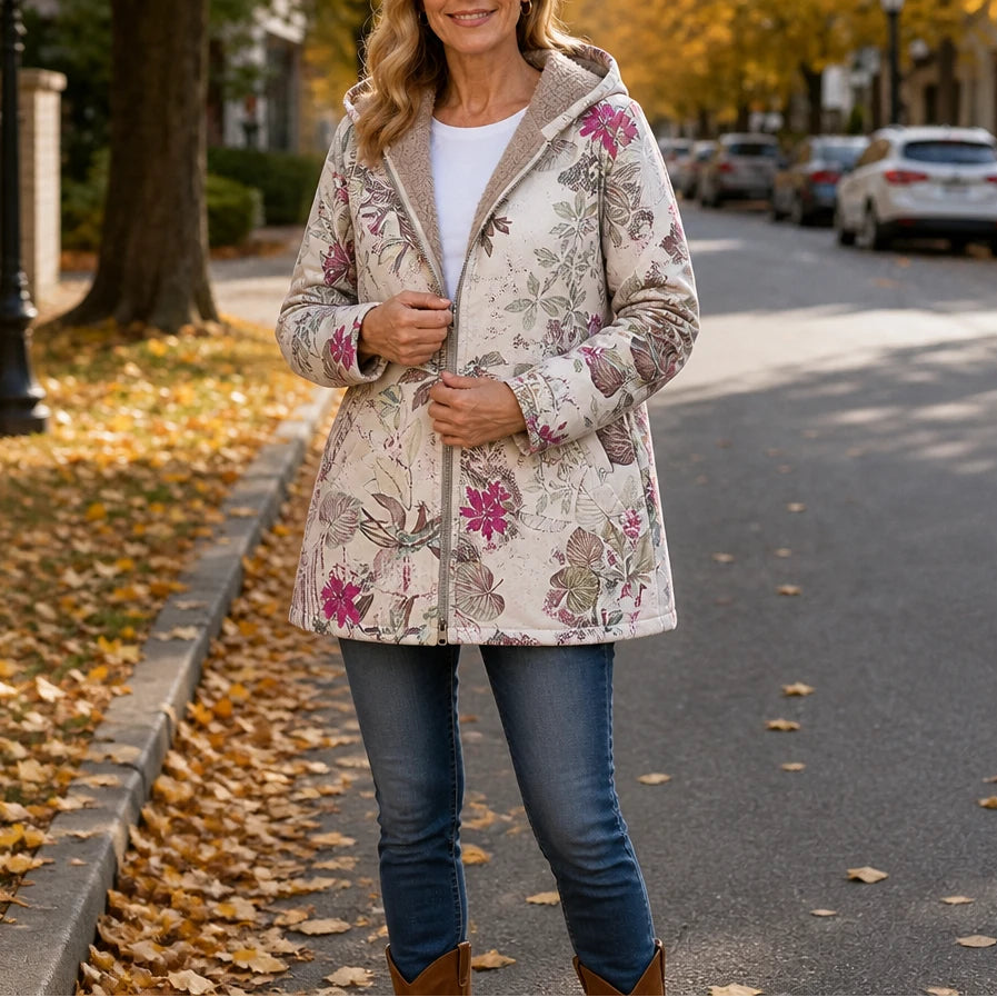 Leafora – Vintage Leaf-Print Hoodie Jacket
