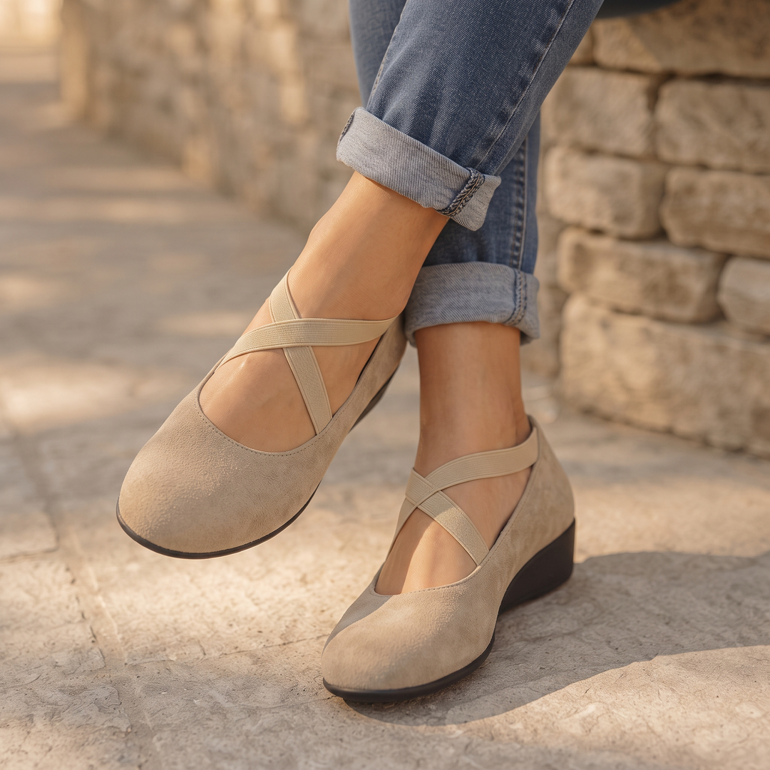 Elara Wedge – Crisscross Elastic Strap Wedge Flats