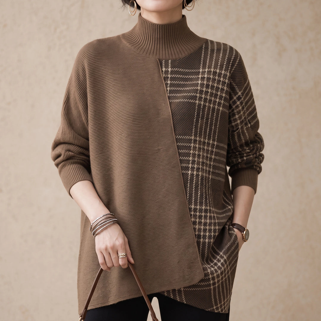 Plaidelle – Asymmetric Plaid Panel Knit Sweater