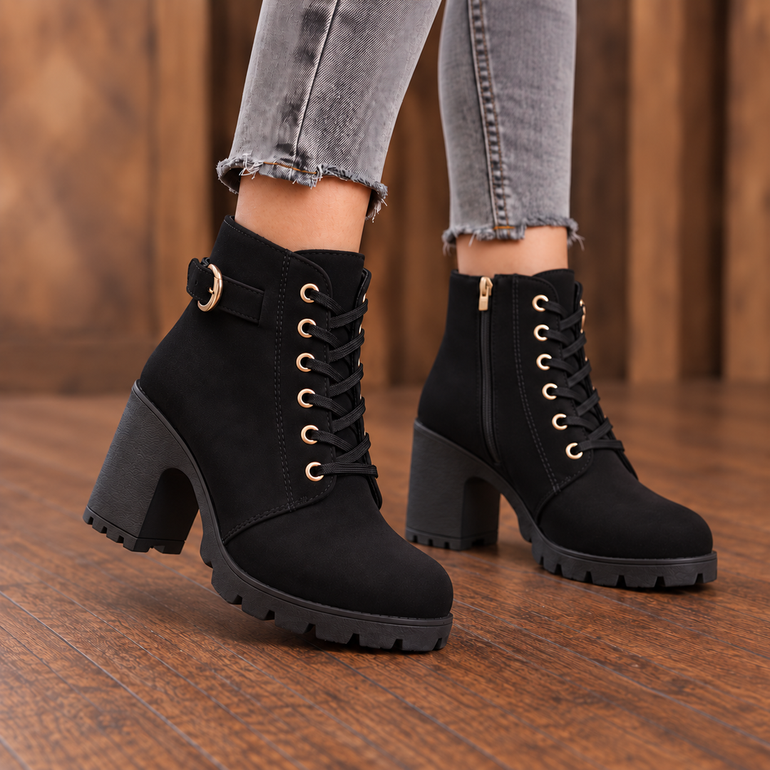 Buckle & Bold – Buckle Lace-Up Chunky Heel Ankle Boots