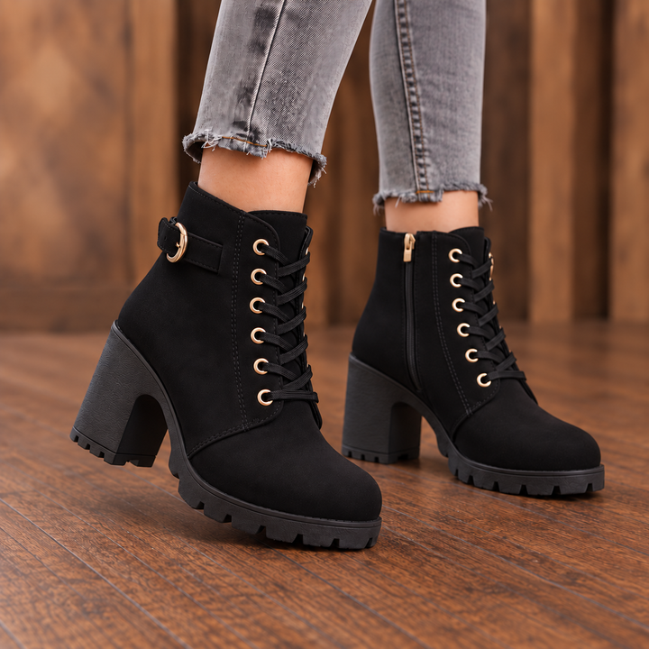 Buckle & Bold – Buckle Lace-Up Chunky Heel Ankle Boots