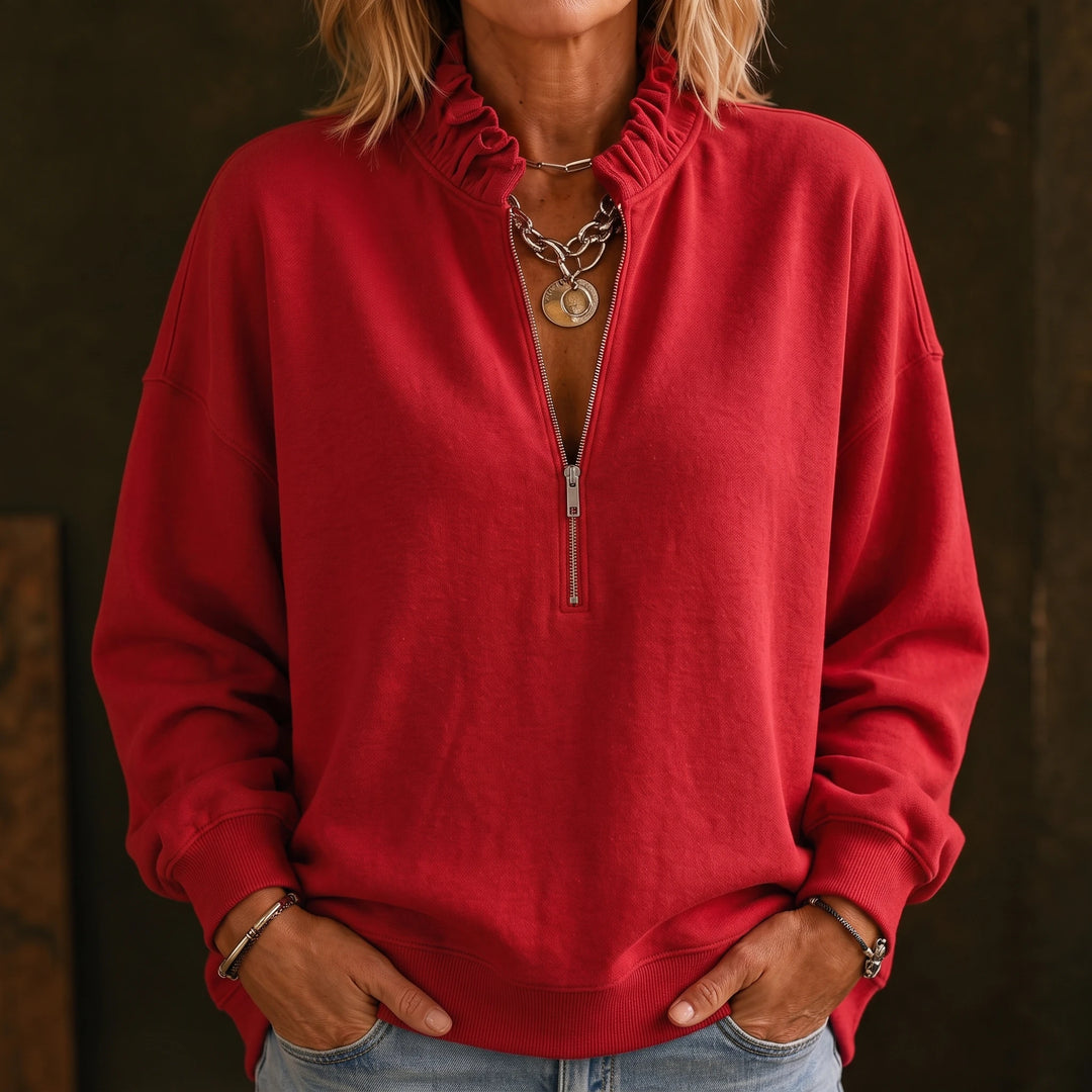 Ruffle & Rise – Ruffled Mock-Neck Quarter-Zip Sweatshirt