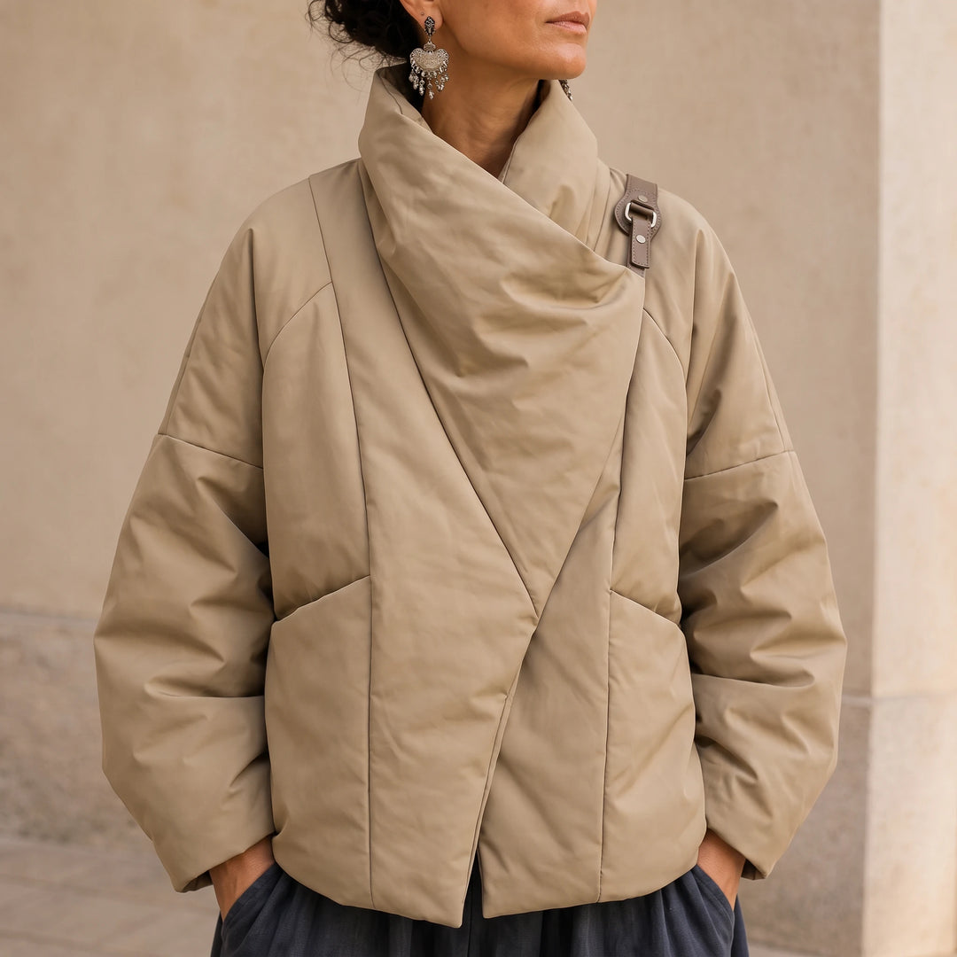 Veluna – Asymmetric Draped-Neck Puffer Jacket