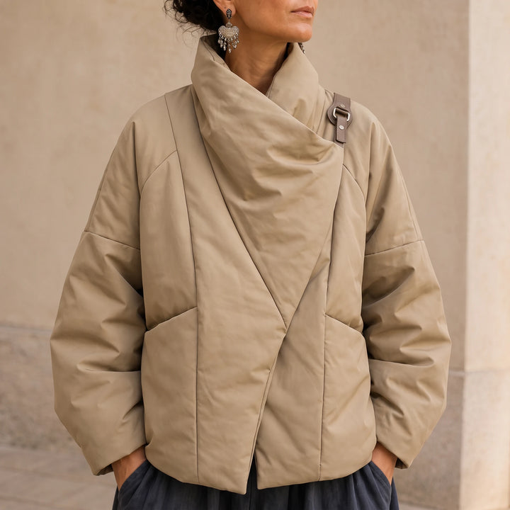 Veluna – Asymmetric Draped-Neck Puffer Jacket