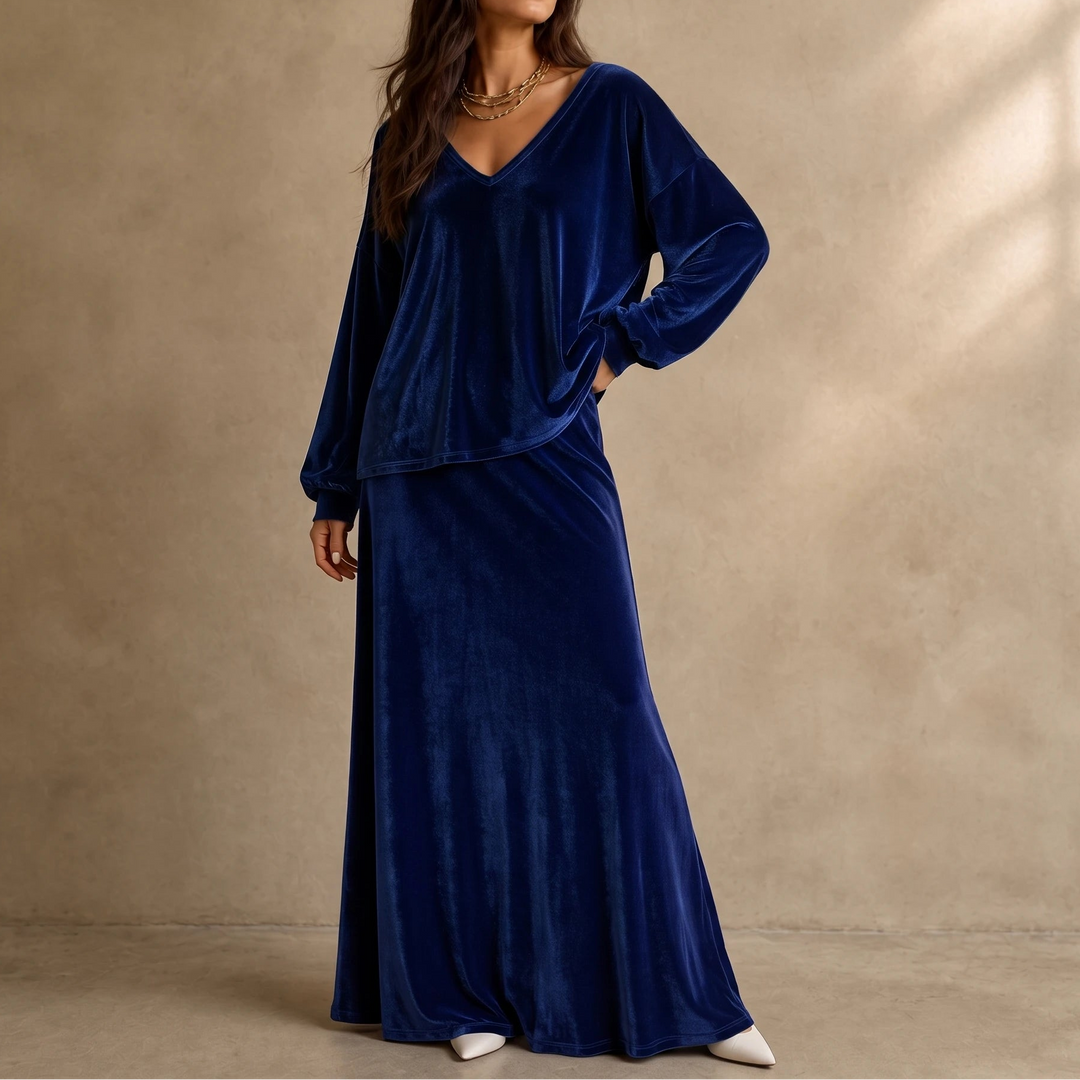 Veloura – Relaxed Velvet Top And Flared Maxi Skirt Set