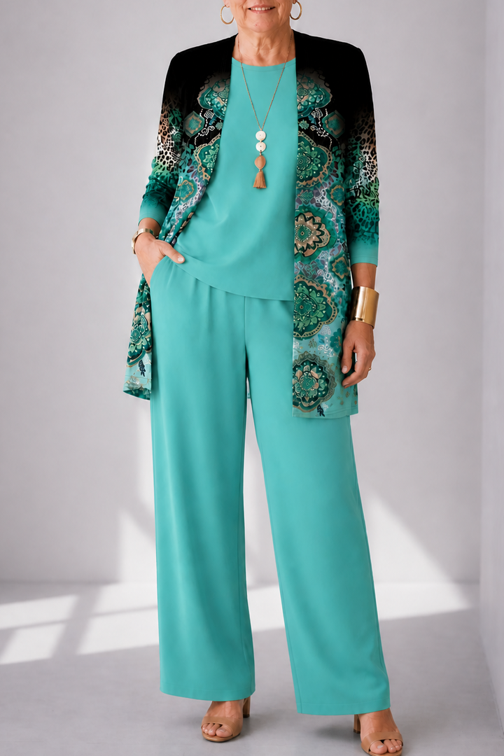 Wearbella – Botanical Print Cardigan, Top And Pants Set