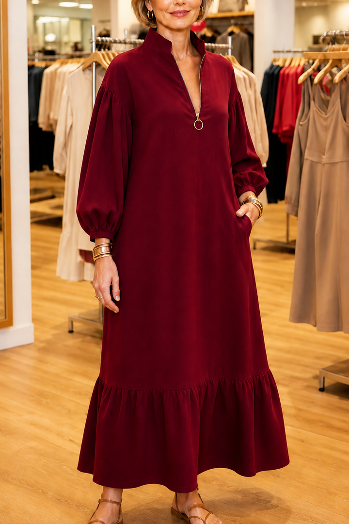 Wearbella – Half-Zip Stand-Collar Lantern-Sleeve Dress