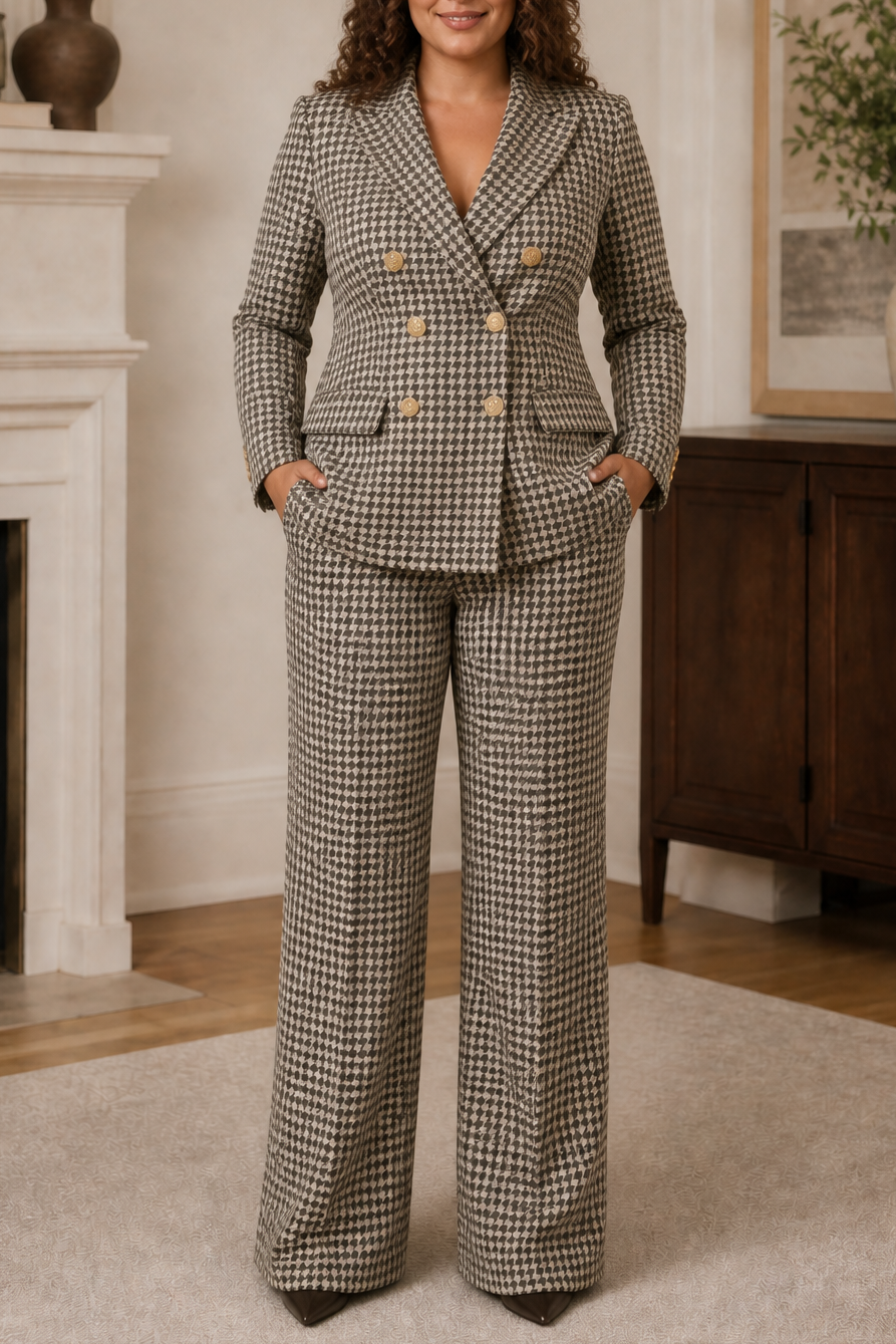 Composure – Plaid Double-Breasted Blazer & Wide-Leg Pants Set