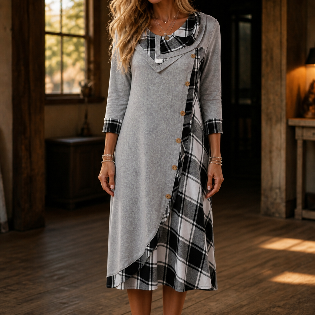 Wovelle – Plaid Patchwork Cowl Neck Midi Dress