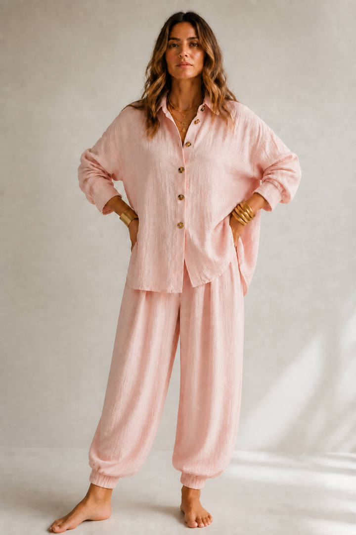 Verlyne – Relaxed Button-Front Shirt And Draped Pants Set