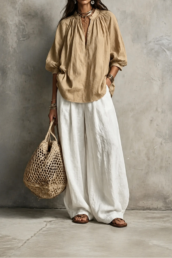 Amselle – Ruched Collar Blouse And Wide Leg Pants Set