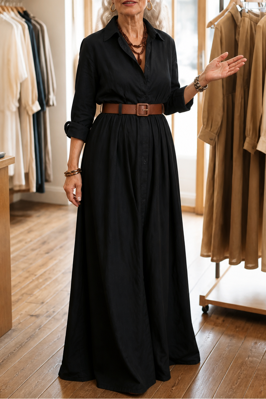 Belveil – Belted Collared Long-Sleeve Maxi Shirt Dress