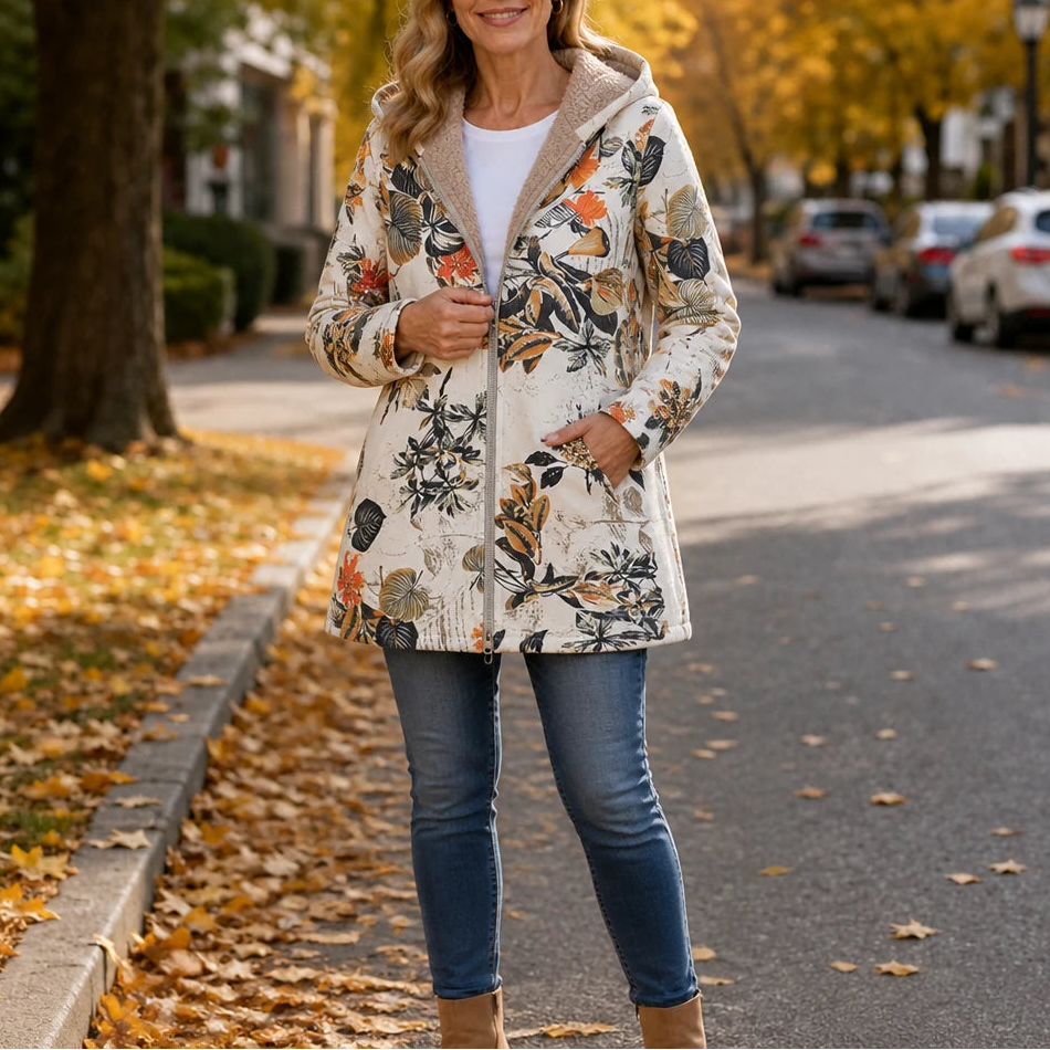 Leafora – Vintage Leaf-Print Hoodie Jacket