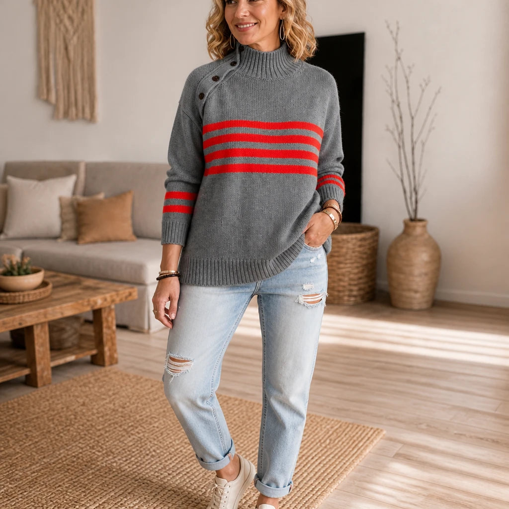Cozyline – Striped High-Neck Button-Shoulder Knit Pullover