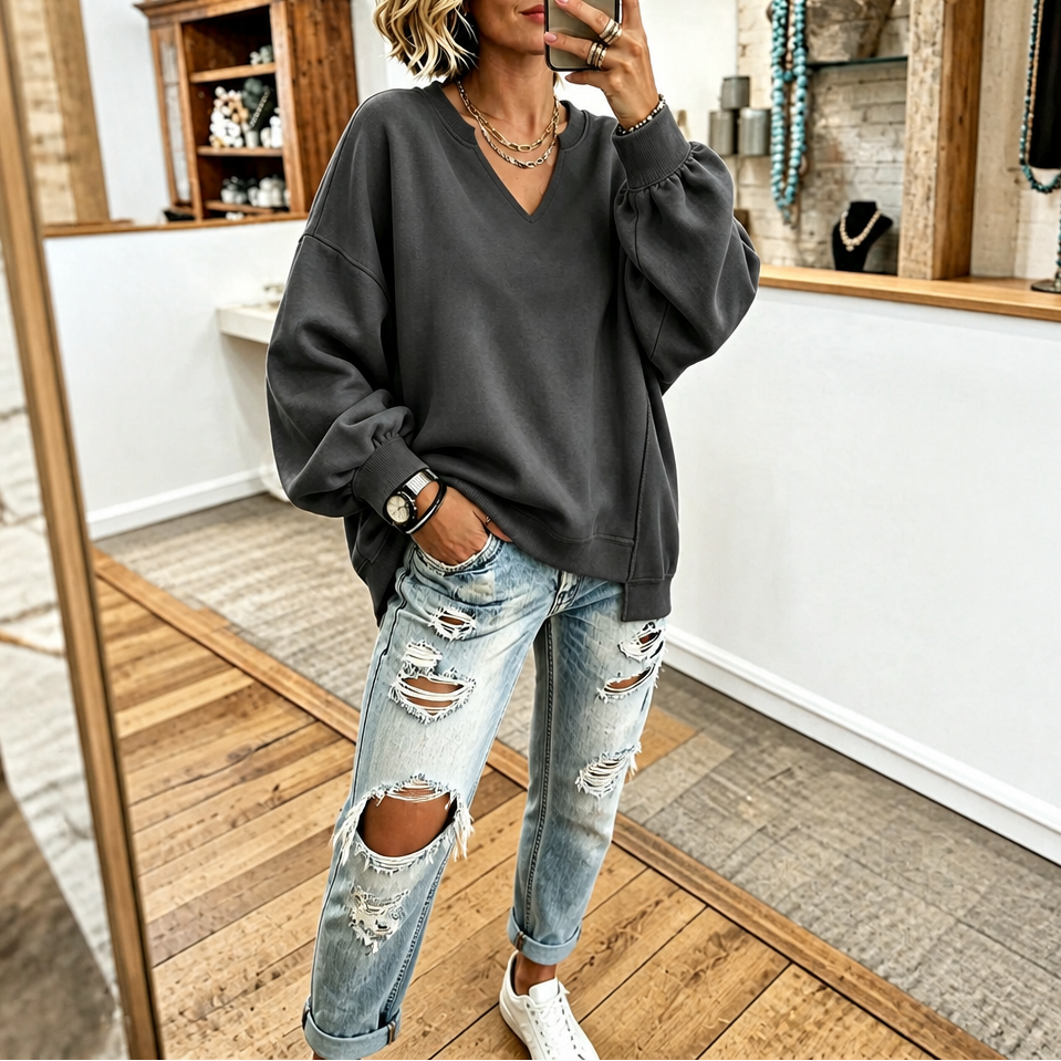 Coziver – Drop-Shoulder Puff Sleeve Split-Hem Sweatshirt