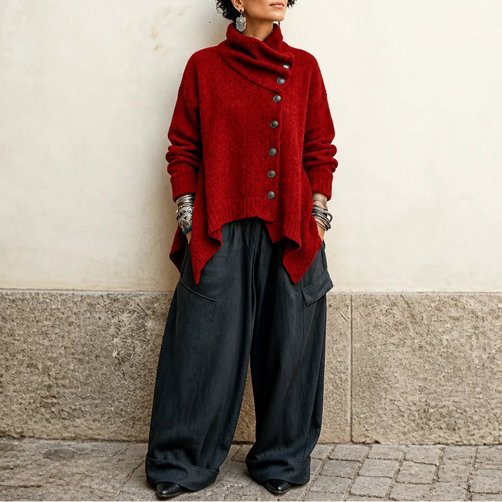 Velora – Asymmetric Draped High-Collar Knit Pullover
