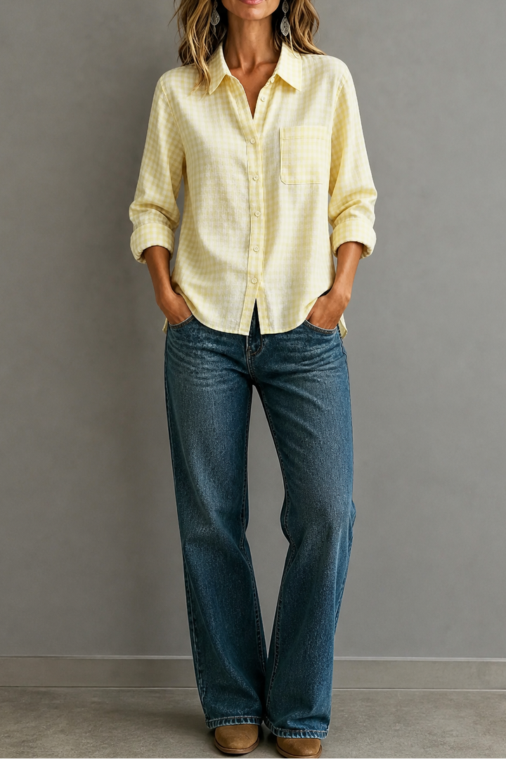 Checkered Long-Sleeve Button-Up Shirt For Women