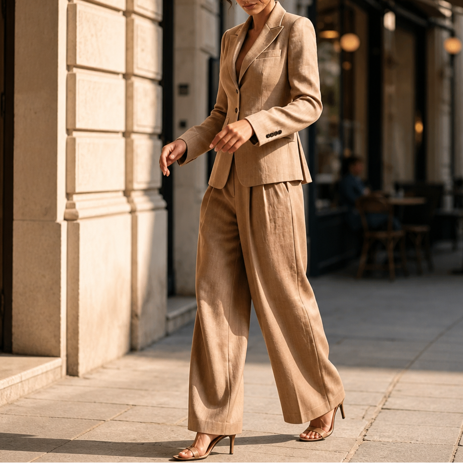 Linelle – Pleated High-Waist Wide-Leg Blazer Suit Set