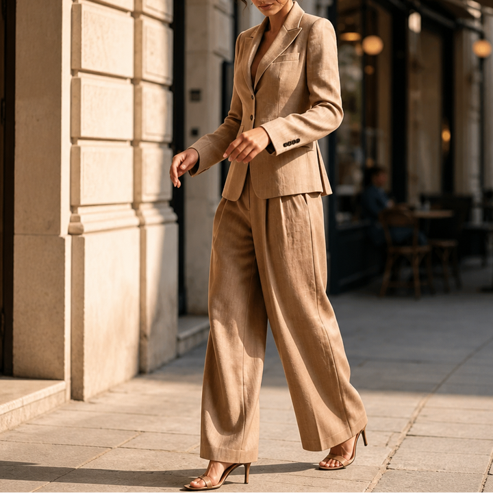 Linelle – Pleated High-Waist Wide-Leg Blazer Suit Set
