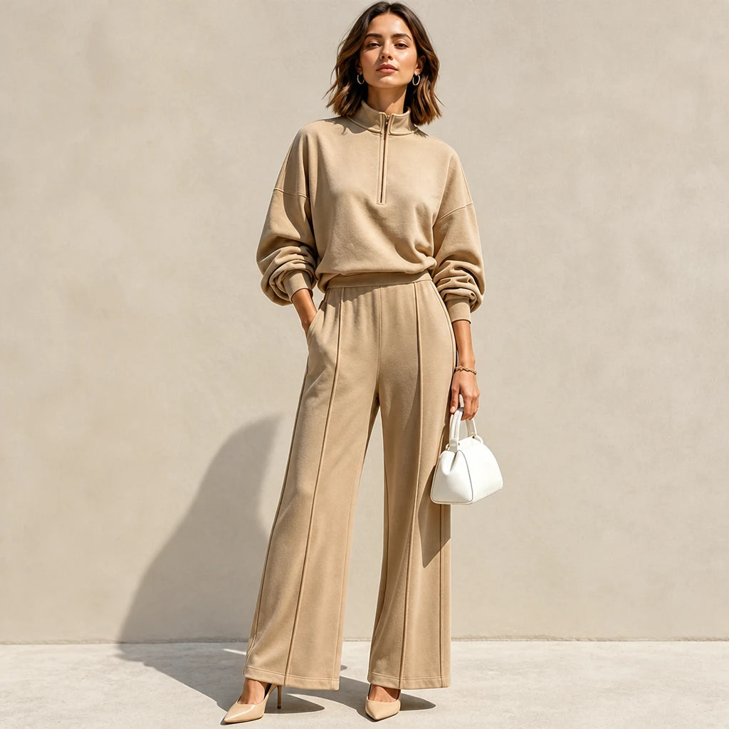 Easeform – Half-Zip Drop-Shoulder Top And Wide-Leg Pants Set