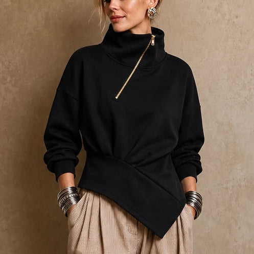 Velaire – Asymmetric Diagonal-Zip High-Neck Sweatshirt