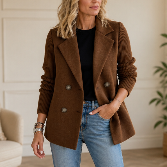 Wearbella – Knit-Sleeve Double-Breasted Blazer