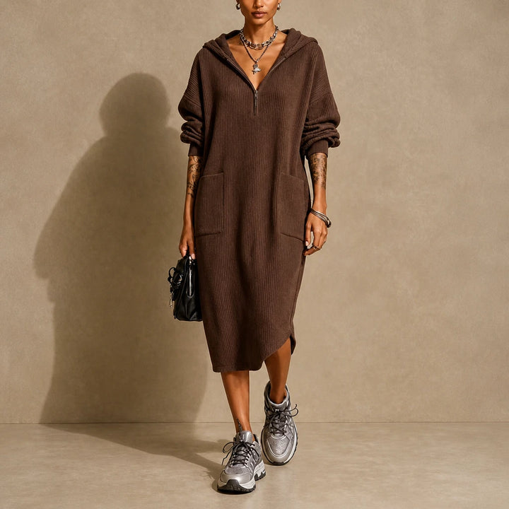 Everday – Hooded Zipper Pocket Midi Dress