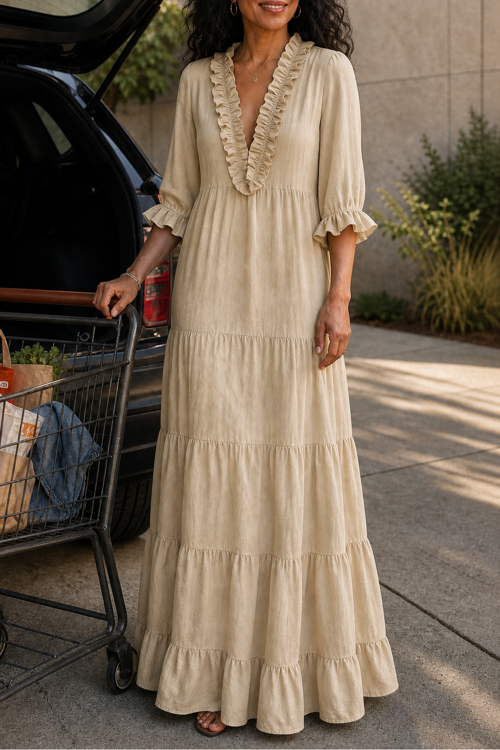 Breezalyn – Tiered Ruffle V-Neck Maxi Dress