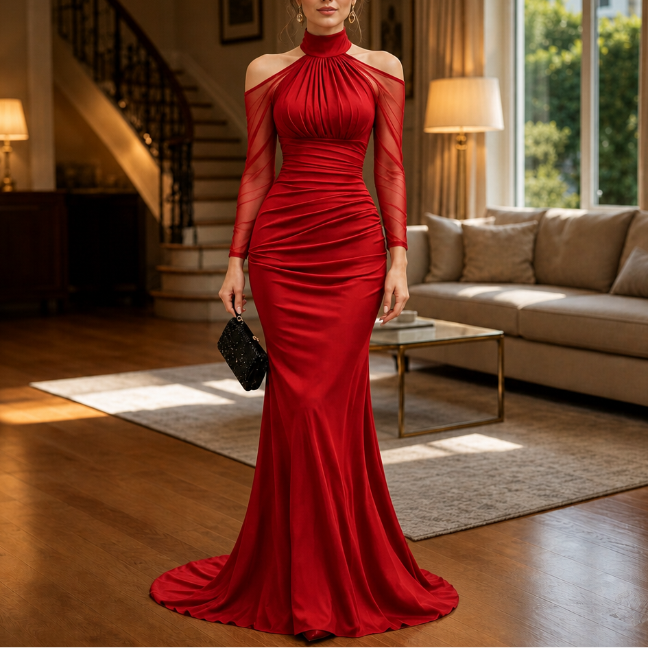 Elara – Cold-Shoulder Ruched Mermaid Evening Gown