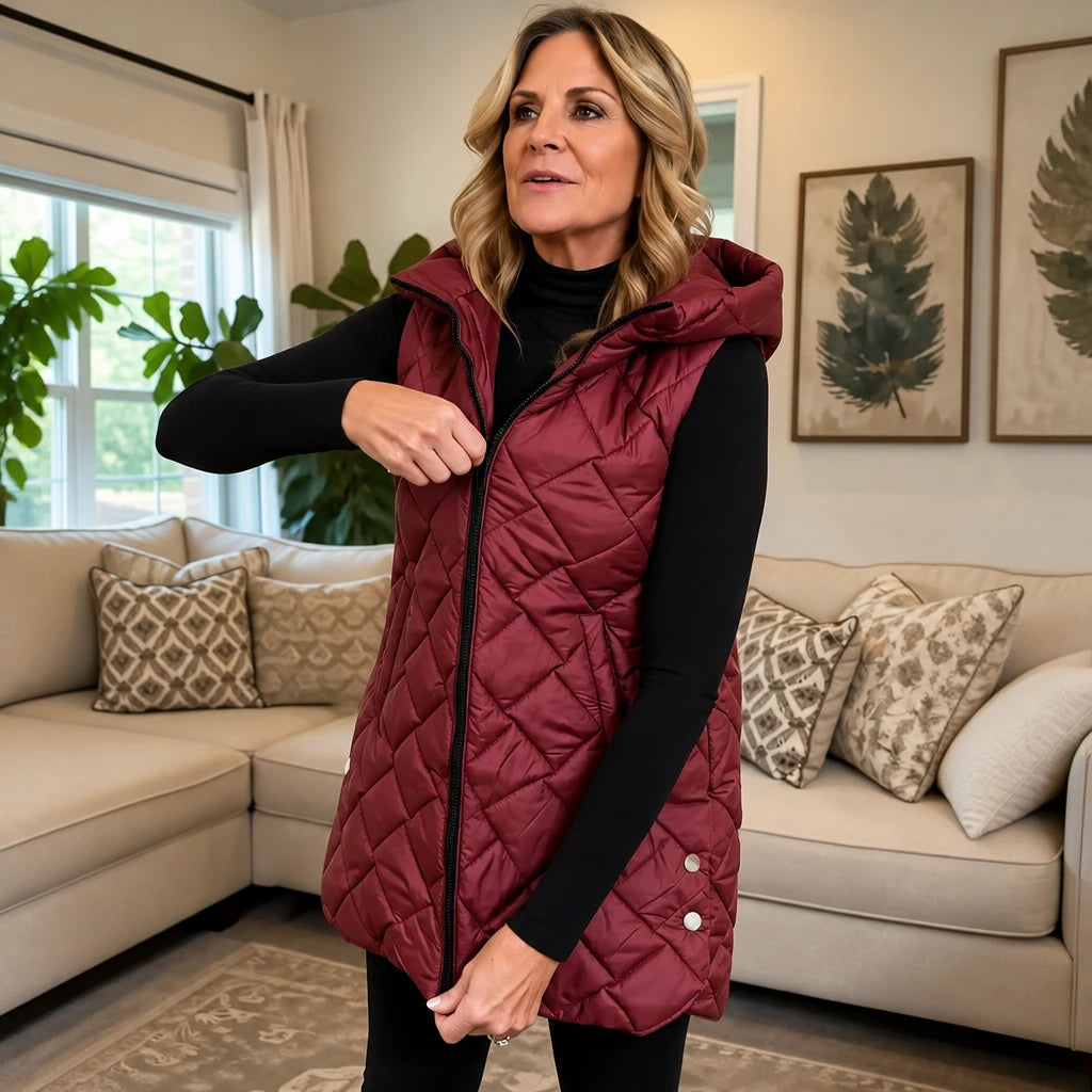 Quilted Muse – Quilted Hooded Mid-Length Vest
