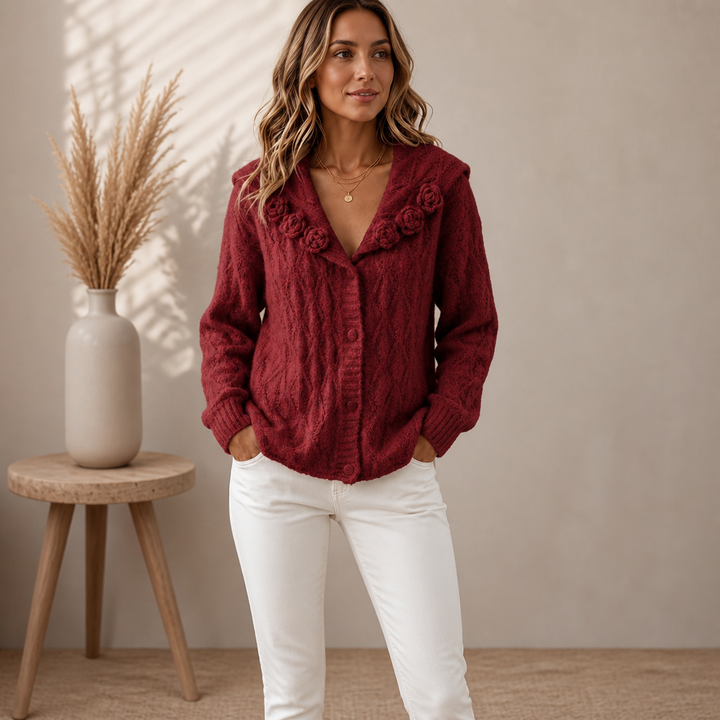 Florabelle Knit – Floral 3D Lapel Cable Knit Cardigan